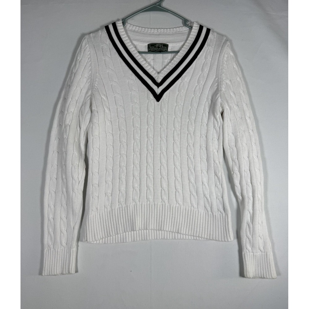 VTG Lauren Ralph Lauren Cricket Sweater Large White Cable Knit V-Neck 90s Tennis - Picture 1 of 6